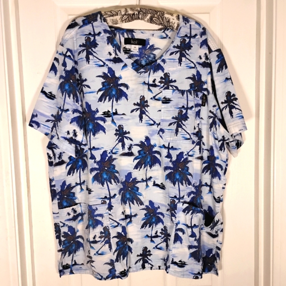 koi Men's Scrub Top Tropical Palm Tree